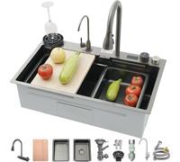 ZQFHSX Évier de Cuisine à cuve Unique Effet Cascade, Multifonctionnel, avec Robinet extractible et Ensemble d'accessoires Complet.