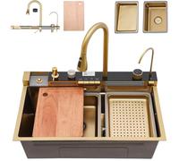 ZQFHSX Évier de Cuisine à Effet Cascade, 75 x 45 cm, 1 bac, en Acier Inoxydable, Grand évier rectangulaire doré Moderne avec Robinet, bonde à Siphon et trop-Plein.