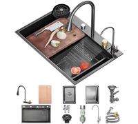 ZQFHSX Évier de Cuisine à Effet Cascade en Acier Inoxydable Noir et Gris avec Robinet 3 en 1, Planche à découper, Panier d'égouttage, Bassin, Lave-Tasses, Distributeur de Savon et assembl