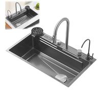 ZQFHSX Évier de Cuisine à Effet Cascade - Poste de Travail encastrable/sous-Plan de Style Ferme avec Accessoires : Grille, Panier-Filtre, Lave-Tasses sous Pression et bonde pour Cuisines