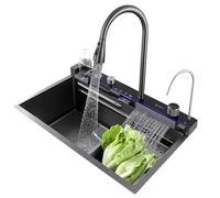 ZQFHSX Évier de Cuisine à encastrer avec Cascade Intelligente, Grand évier de préparation Noir avec bonde, évier Multifonction à Une cuve de Style Ferme en Acier Inoxydable (Noir, 75 x 46