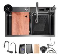 ZQFHSX Évier de Cuisine à encastrer avec Cascade, Poste de Travail Multifonctionnel de Style Ferme en Acier Inoxydable à Une cuve avec rince-Tasses et Accessoires de vidange (L, 80 x 50 x