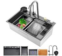 ZQFHSX Évier de Cuisine à encastrer avec Cascade, Poste de Travail Multifonctionnel de Style Ferme en Acier Inoxydable à Une cuve avec rince-Tasses et Accessoires de vidange (A, 65 x 50 x