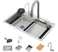 ZQFHSX Évier de Cuisine à encastrer en Acier Inoxydable, Poste de Travail à Une cuve, gouttière de récupération d'eau de Pluie avec Robinet et Tuyau de Descente (6545)