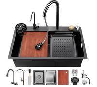 ZQFHSX Évier de Cuisine avec Double cuve à Effet Cascade, Robinet extractible 3 en 1, Ensemble de cuves en Acier Inoxydable, Lave-casseroles sous Pression, Planche à découper, Panier d'ég