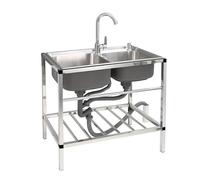 ZQFHSX Évier de Cuisine avec égouttoir et Robinet, évier Professionnel pour Restaurant, Double bac extérieur en Acier Inoxydable, idéal pour Bar, hôtel et Maison.