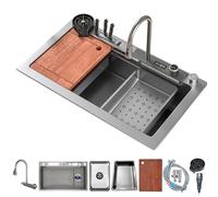 ZQFHSX Évier de Cuisine avec Robinet Cascade, Ensemble de cuve Unique en Acier Inoxydable, Lave-Batterie à Pression, Planche à découper, Panier d'égouttage et Accessoires (Gris, 80 x 46 c