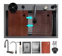 ZQFHSX Évier de Cuisine avec Robinet Cascade, Ensemble de cuve Unique en Acier Inoxydable, Lave-Batterie à Pression, Planche à découper, Panier d'égouttage et Accessoires (Noir-Gris B, 80