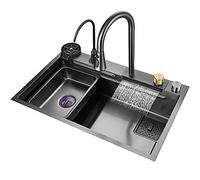 ZQFHSX Évier de Cuisine/Bar à cuve Unique pour Camping-Car, en Acier Inoxydable 304, avec Robinet encastré (Couleur : Noir-c, Dimensions : 68 x 45 x 22 cm)
