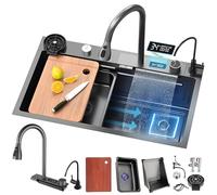 ZQFHSX Évier de Cuisine Black Waterfall - Bassin rectangulaire en Acier Inoxydable avec Siphon, trop-Plein et bonde - Design Moderne et Multifonctionnel (68 x 45 cm)