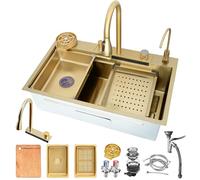 ZQFHSX Évier de cuisine cascade doré - 75 x 45 cm - Bol simple en acier inoxydable nano avec robinet extensible doré - Ensemble complet d'accessoires - Station de travail multifonction pour cuisines