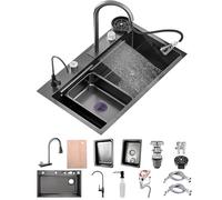 ZQFHSX Évier de Cuisine de 50 cm de Large avec Robinet Amovible, 1 cuve en Acier Inoxydable avec revêtement Nano, Effet Cascade Noir et Autres Accessoires (Noir-Gris B, 80 x cm)