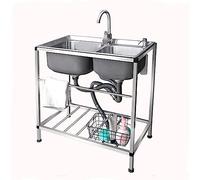 ZQFHSX Évier de Cuisine Double bac en Acier Inoxydable avec Robinet d'eau Chaude et Froide, évier Commercial autoportant, pour extérieur et intérieur, Facile à Nettoyer (78 * 43 cm)