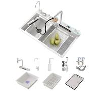 ZQFHSX Évier de Cuisine Double Cascade avec éclairage d'ambiance LED, Lave-Tasses, Distributeur de Savon et bonde à Commande sur comptoir - Accessoires complets Inclus (Blanc 85x45x22cm)