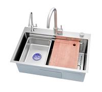 ZQFHSX Évier de Cuisine en Acier Inoxydable 304 avec Robinet, Bec verseur, bonde et Accessoires, Grand évier de Bar argenté, cuve Unique, Surface gaufrée Anti-Rayures (Couleur : C, Dimens