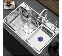 ZQFHSX Évier de Cuisine en Acier Inoxydable 304 avec Robinet extractible, Robinet d'eau Potable, Panier d'égouttage, Poste de Travail Multifonctionnel, revêtement Nano, Argent, 75 x 48 x