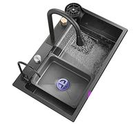 ZQFHSX Évier de Cuisine en Acier Inoxydable 304, Style Cascade, Noir, à Une cuve, Style Nano, Multifonction, pour la Maison ou Le Camping-Car, avec Robinet et système de vidange, installa