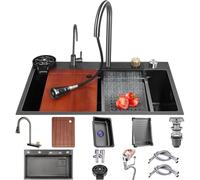 ZQFHSX Évier de Cuisine en Acier Inoxydable à Effet Cascade avec Robinet 3 en 1, cuve Unique multifonctionnelle, Panier, Planche à découper, Lave-Tasses et Accessoires Inclus (Couleur : N