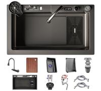 ZQFHSX Évier de Cuisine en Acier Inoxydable avec Robinet extractible numérique, Panier d'égouttage Multifonctionnel à Effet Cascade, bassine, Planche à découper, essuie-Tasses et accessoi