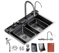 ZQFHSX Évier de Cuisine en Acier Inoxydable Noir, bac Unique à Effet Cascade, évier de Bar Multifonctionnel à Montage par Le Dessus avec revêtement Nano, Robinet extractible, Siphon, trop