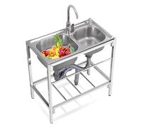 ZQFHSX Évier de Cuisine, évier Commercial Double cuve en Acier Inoxydable avec Robinet Eau Chaude/Froide, étagère de Rangement, Porte-Serviettes, Pose Libre pour Restaurant, Garage, café,