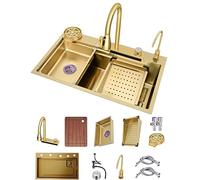 ZQFHSX Évier de Cuisine Gold Nano en Acier Inoxydable 304, Style Cascade, Multifonction, à Une cuve, avec Robinet et bonde, pour Bar ou Camping-Car. Article de décoration pour la Maison (