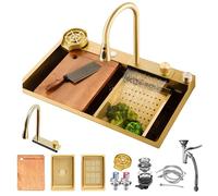 ZQFHSX Évier de Cuisine Gold Waterfall - Nano en Acier Inoxydable à Une cuve avec Robinet extractible doré, kit d'accessoires Complet, Poste de Travail Multifonctionnel pour Cuisines Mode