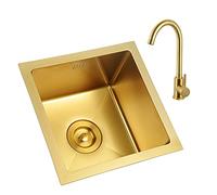 ZQFHSX Évier de Cuisine Golden Square • Bac Simple • Préparation Bar • Or avec Robinet • Acier Inoxydable 304 • Installation à Poser ou sous Plan (Couleur : Or • Dimensions : 38 × 38 cm)