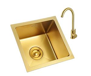 ZQFHSX Évier de Cuisine Golden Square • Bac Simple • Préparation Bar • Or avec Robinet • Acier Inoxydable 304 • Installation à Poser ou sous Plan (Couleur : Or • Dimensions : 38 × 38 cm)