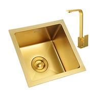 ZQFHSX Évier de Cuisine. Golden Square - Bac Unique, Acier Inoxydable 304, doré, avec robinetterie, Installation à Poser ou sous Plan (Couleur : doré, Dimensions : 36 נ36 cm)