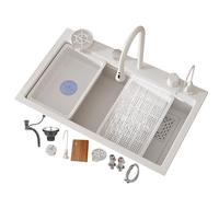 ZQFHSX Évier de Cuisine Moderne à encastrer sous Plan 68 x 45 cm avec Robinet Cascade, en Acier Inoxydable 304, de Forme rectangulaire, 2 Trous, Finition brossée, avec crépine, Blanc, 14
