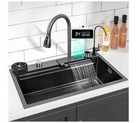 ZQFHSX Évier de Cuisine Multifonction en Acier Inoxydable 304 avec Affichage numérique Effet Cascade, cuve Unique, Robinet et système de vidange, Montage par Le Dessus ou sous Le Plan de