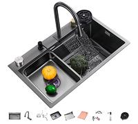 ZQFHSX Évier de Cuisine Multifonction en Acier Inoxydable 304, Style Cascade, à Une cuve, Nano RV, avec Robinet extractible, Montage sur Plan ou sous Plan (Couleur : Noir-b, Dimensions :