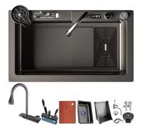 ZQFHSX Évier de Cuisine Multifonctionnel à Effet Cascade en Acier Inoxydable Noir - Installation sur Plan avec Robinet extractible, trop-Plein à Siphon et bonde, revêtement Nano pour Une