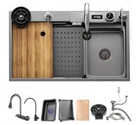 ZQFHSX Évier de Cuisine Multifonctionnel en Acier Inoxydable avec Effet Cascade, Grand Plan de Travail, Fixation pour bac Unique, Bouton de vidange et livré Complet (Noir Gris B, 85 x 50