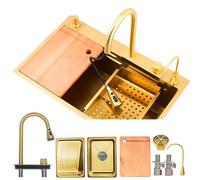 ZQFHSX Évier de Cuisine Nano en Acier Inoxydable doré 68 x 45 cm - Modèle Multifonctionnel avec 5 Trous de robinetterie - Conception Durable à Un Seul bac - Accessoires Inclus pour cuisin