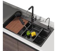 ZQFHSX Évier de Cuisine Noir en Acier Inoxydable avec Robinet Cascade numérique, cuve Unique, Installation sous Plan, Accessoires complets (Dimensions : 68 x 45 x 22 cm)