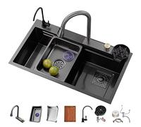 ZQFHSX Évier de Cuisine Polyvalent en Acier Inoxydable à Une cuve, de Style campagnard, avec Robinet Cascade extractible et Ensemble d'accessoires Complet (Couleur : Noir, Dimensions : 68