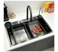 ZQFHSX Évier de Cuisine rectangulaire KOOGIDDR 85 x 45 cm en Acier Inoxydable Noir-Gris, Style Cascade, 1 bac, Installation par Le Dessus avec robinetterie et Lave-Verres Inclus.