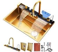 ZQFHSX Évier Double Cascade doré avec Lave-Tasses et Distributeur de Savon à Affichage LED, mitigeur et Commandes de comptoir - Poste de Travail de Cuisine Haut de Gamme (80x46x22cm)