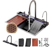 ZQFHSX Évier Double Cascade Gris Anthracite avec Affichage LED, Lave-Tasses, Distributeur de Savon et mitigeur - Commandes élégantes à Poser (90 x 50 x 22 cm) pour Cuisines Modernes