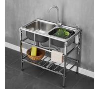 ZQFHSX Évier Double cuve autoportant en Acier Inoxydable avec étagère de Rangement, Multifonctionnel pour Cuisine Commerciale, Restaurant extérieur, hôtel, Bar, buanderie, sous-Sol (80x45