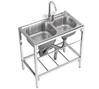 ZQFHSX Évier Utilitaire à 2 Compartiments en Acier Inoxydable pour Bar, Restaurant, Commerce, Camping, établi Mobile avec étagères de Rangement, 82 cm