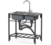 ZQFHSX Évier Utilitaire Double bac sur Pied, en Acier Inoxydable, avec Robinet, étagère et Porte-Serviettes, pour Cuisine Professionnelle, buanderie, Jardin, Garage ou extérieur (83 x 44