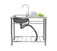 ZQFHSX Évier Utilitaire en Acier Inoxydable pour buanderie avec établi et étagère de Rangement, Portable, extérieur, Garage, Cuisine Commerciale, sur Pied, à Une cuve, Robinet Eau Chaude/