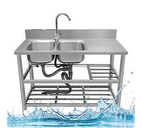 ZQFHSX Évier Utilitaire en Acier Inoxydable pour Cuisine Professionnelle, sur Pied, avec Plan de Travail, Double étagère de Rangement, égouttoir et Robinet. Idéal pour Restaurant, Garage,