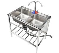 ZQFHSX Évier Utilitaire extérieur en Acier Inoxydable à Double cuve, autoportant, avec Robinet d'eau Chaude et Froide, pour buanderie, Garage, café-Bar, 83 cm x 44 cm x 77 cm