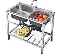 ZQFHSX Évier Utilitaire extérieur en Acier Inoxydable à Double cuve, autoportant, avec Robinet d'eau Chaude et Froide, idéal pour la buanderie, Le Garage, Un café ou Un Bar.
