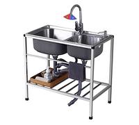 ZQFHSX Évier Utilitaire sur Pied à 2 bacs avec robinets Eau Chaude/Froide, en Acier Inoxydable et étagères de Rangement, idéal pour la buanderie, la Salle de Bain ou Un Style campagnard.