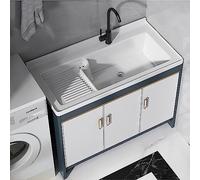 ZQFHSX Évier Utilitaire sur Pied avec Meuble-lavabo, Vasque en céramique, robinetterie - Usage intérieur/extérieur, Station de Lavage des Mains pour buanderie ou Salle de Bain